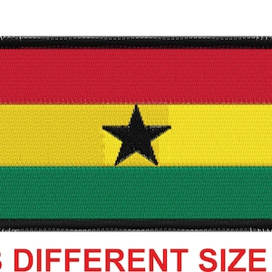 Può includere: Una toppa ricamata rettangolare con la bandiera del Ghana. La bandiera è rossa, gialla e verde con una stella nera a cinque punte al centro.