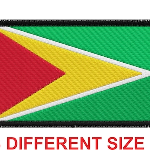 May include: An embroidered patch featuring the flag of Guyana. The patch is green, yellow and red with a white border and black stitching.