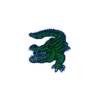Puede incluir: Un parche de cocodrilo verde con un diseño bordado detallado. El cocodrilo se representa con la boca abierta, revelando dientes, sobre un fondo blanco. Adecuado para diversas aplicaciones.
