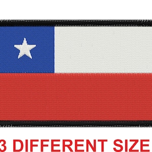 May include: A rectangular embroidered patch featuring the flag of Chile. The flag is blue, white, and red with a white star in the blue section. The patch has a black border with a frayed edge.
