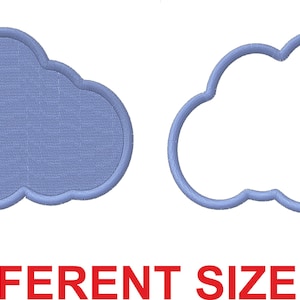 Peut inclure: Deux motifs de broderie de nuage bleu, l'un rempli et l'autre en contour, avec le texte "10 DIFFERENT SIZE EACH".