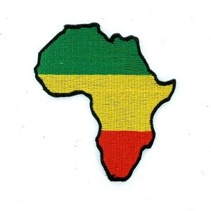 May include: Embroidered patch in the shape of the African continent. The patch features the colors of the Rastafarian flag: green at the top, yellow in the middle, and red at the bottom, with a black border.