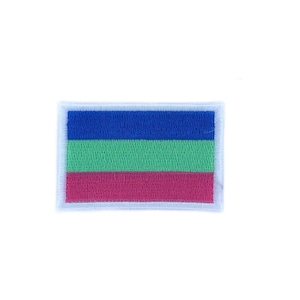 May include: A blue, green and pink horizontal striped flag patch.