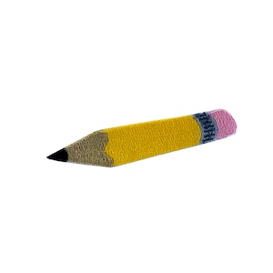 May include: A yellow pencil with a pink eraser and a black lead tip.