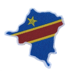May include: A blue fabric patch in the shape of the Democratic Republic of the Congo with the country's flag design. The flag features a yellow star, red and yellow diagonal stripes, and a blue background.