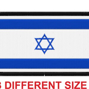 May include: A blue and white embroidered patch with a Star of David in the center. The patch has a black border and is surrounded by a white background. The text "3 DIFFERENT SIZE" is written below the patch.