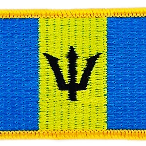 Könnte beinhalten: Ein gestickter Aufnäher in Gelb und Blau mit einem schwarzen Dreizack in der Mitte. Der Aufnäher hat einen gelben Rand.