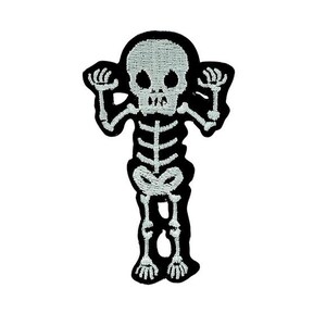 May include: A black and white embroidered patch depicting a cartoon skeleton with raised arms. The skeleton's skull, rib cage, and limbs are white against a black backdrop. This patch is suitable for clothing or accessories, and is ideal for Halloween.