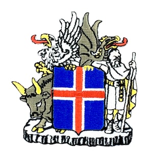 May include: Embroidered patch featuring the coat of arms of Iceland. The patch depicts a shield with the Icelandic flag, a bull, a griffin, and a man holding a staff.