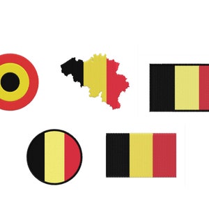 Könnte beinhalten: Ein Satz von vier Bildern mit der belgischen Flagge in verschiedenen Formaten. Das erste Bild ist ein Kreis mit einem schwarzen Zentrum, umgeben von einem gelben Ring und einem roten Außenring. Das zweite Bild ist eine Umrisskarte Belgiens, die mit den Farben der belgischen Flagge gefüllt ist. Das dritte Bild ist eine rechteckige Flagge mit schwarzen, gelben und roten Streifen. Das vierte Bild ist ein Kreis mit den Farben der belgischen Flagge in einem vertikalen Streifenmuster.