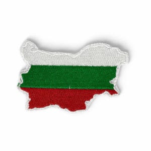May include: Embroidered patch in the shape of Bulgaria, featuring the country's flag. The flag design includes horizontal stripes of white, green, and red. The patch has a white border and is set against a white background.