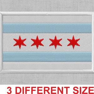 May include: A white patch with a blue and white striped flag of Chicago. The flag has six red stars in a row.
