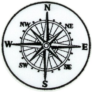 May include: A black and white compass with the cardinal directions N, S, E, and W, and the intermediate directions NW, NE, SW, and SE.