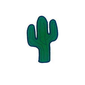 May include: A green cactus with a dark blue outline. The cactus has a single stem with two arms branching out from the top.