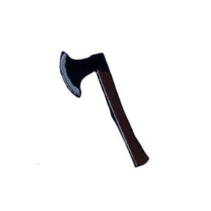 May include: A black axe with a brown wooden handle. The axe head has a curved blade and a sharp point.