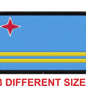 May include: A blue and yellow embroidered patch with a red star in the upper left corner. The patch has a black border and a fringed edge.  3 DIFFERENT SIZE