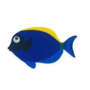 May include: A blue and yellow embroidered fish patch. The fish has a black eye and a black fin.