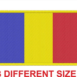 May include: Embroidered patch of the Romanian flag. The flag is blue, yellow, and red with a yellow border. The patch is available in three different sizes.