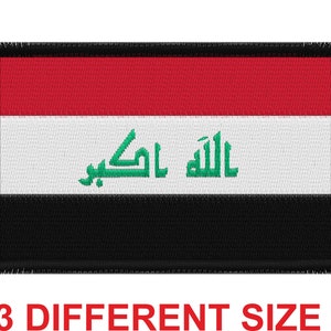 May include: An embroidered patch of the Iraqi flag. The flag is red, white, and black with a green Arabic inscription in the center. The patch has a black border.
