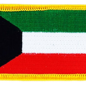 May include: A rectangular embroidered patch featuring the flag of Kuwait. The flag is green, white, red and black with a yellow border.