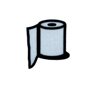 Puede incluir: Parche bordado en blanco y negro de un rollo de papel higiénico.