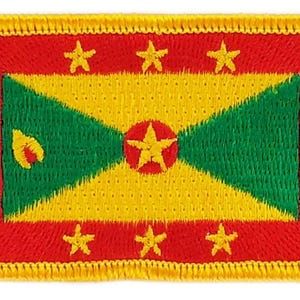 May include: Embroidered patch featuring the flag of Grenada. The rectangular patch has a red border and a yellow stitched edge. The flag design includes a yellow and green center with a central star and six additional stars.