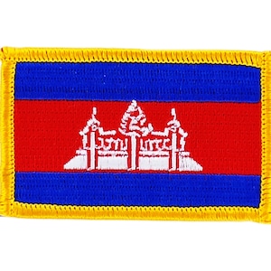 May include: A blue and red embroidered patch with a white emblem of a temple in the center. The patch has a yellow border.