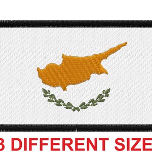 May include: Embroidered patch featuring the flag of Cyprus. The flag is white with a yellow map of Cyprus and a green olive branch wreath. The patch has a black border.