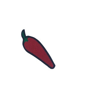 May include: A red chilli pepper with a green stem, outlined in black.