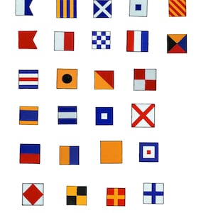 May include: A grid of 26 square nautical flags, each displaying a distinct design. The flags use a variety of colours, such as red, blue, yellow, white, and black, in stripes, squares, and geometric patterns. These flags are used for maritime signalling.