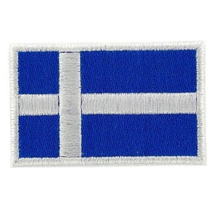 May include: Embroidered patch with a blue and white flag design. The flag has a blue background with a white cross and a vertical white stripe. The patch has a white border.