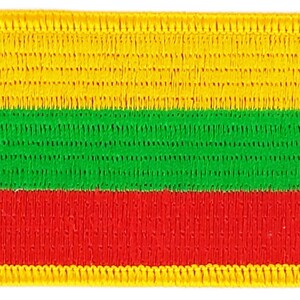 May include: A yellow, green, and red embroidered patch with a yellow border. The patch features the colors of the Lithuanian flag.