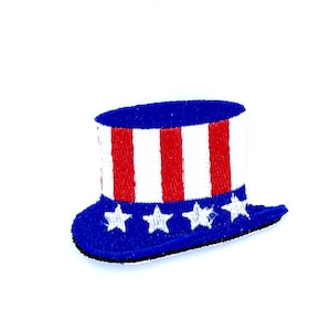 May include: A red, white, and blue embroidered Uncle Sam hat patch. The hat is blue with white stars and red and white stripes.
