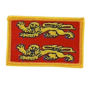 Può includere: Toppa ricamata rettangolare con sfondo rosso e due leoni gialli in stile araldico. I leoni hanno dettagli blu e la toppa è bordata di giallo. Ideale per abbigliamento o accessori.