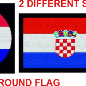 Peut inclure: Deux tailles différentes d'un patch du drapeau croate, un rectangulaire et un rond. Le drapeau présente un design rouge, blanc et bleu avec un bouclier à damiers et une couronne.