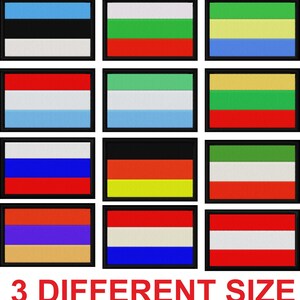 May include: Nine embroidered patches featuring flags of different countries. The flags are arranged in three rows of three. The flags are all different sizes, with the top row being the largest, the middle row being medium-sized, and the bottom row being the smallest. The flags are all on a white background. The text "3 DIFFERENT SIZE" is at the bottom of the image.