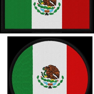 May include: A round embroidered patch featuring the Mexican flag. The flag is green, white, and red with the Mexican coat of arms in the center.