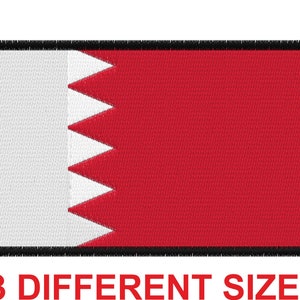 May include: An embroidered patch with a black border, featuring the flag of Bahrain. The patch is red with a white triangle containing five white points.