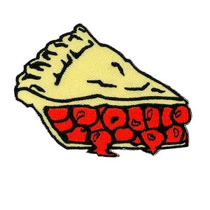 May include: Embroidered patch featuring a slice of pie. The crust is light yellow with a black outline and a scalloped edge. The filling is a vibrant red, suggesting cherries. A fun, food-themed patch.