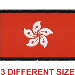 May include: A red embroidered patch with a white stylized bauhinia flower, the flag of Hong Kong.