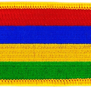 May include: A rectangular embroidered patch with the flag of Mauritius. The flag features four horizontal stripes in red, blue, yellow, and green.