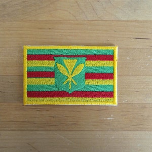 Pode incluir: Um remendo bordado em amarelo, verde e vermelho com um desenho de flor amarela no centro. O remendo é uma representação da bandeira havaiana.