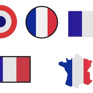 Satz von 5 verschiedene Applikation Patch Design Stickerei Design Maschine digitale Datei sofortigen Download Flagge Banner Frankreich Französisch Runde Karte
