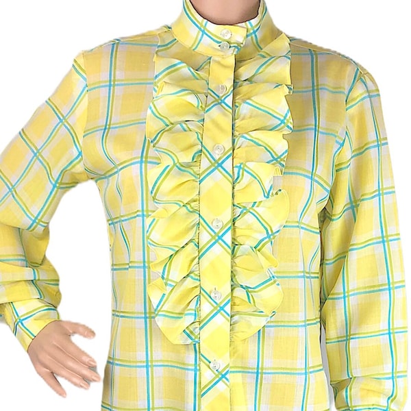 Fritzi of California Ruffled Yellow Plaid Button Down Shirt Shift Dress 1960s Sm-Med