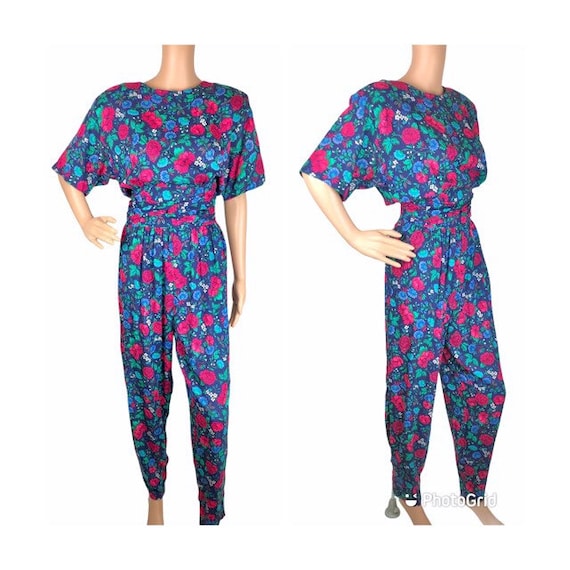 1980s Blue Floral Jumpsuit Sm-Med