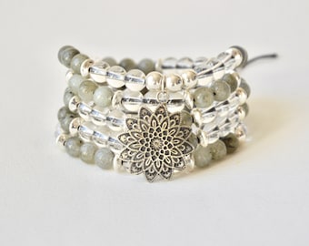 Bracelet en pierres semi-précieuses labradorite crystal de roche et argent 925 gris/blanc