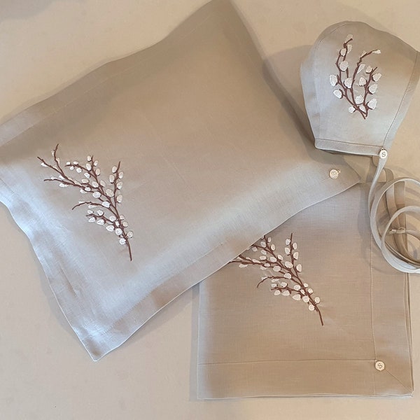 Embroidered Linen Baby Wrap & Pillowcase