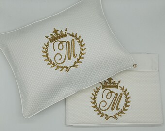 2pc Bassinet/Pram Sheet Set, Monogrammed Crown on White Jacquard