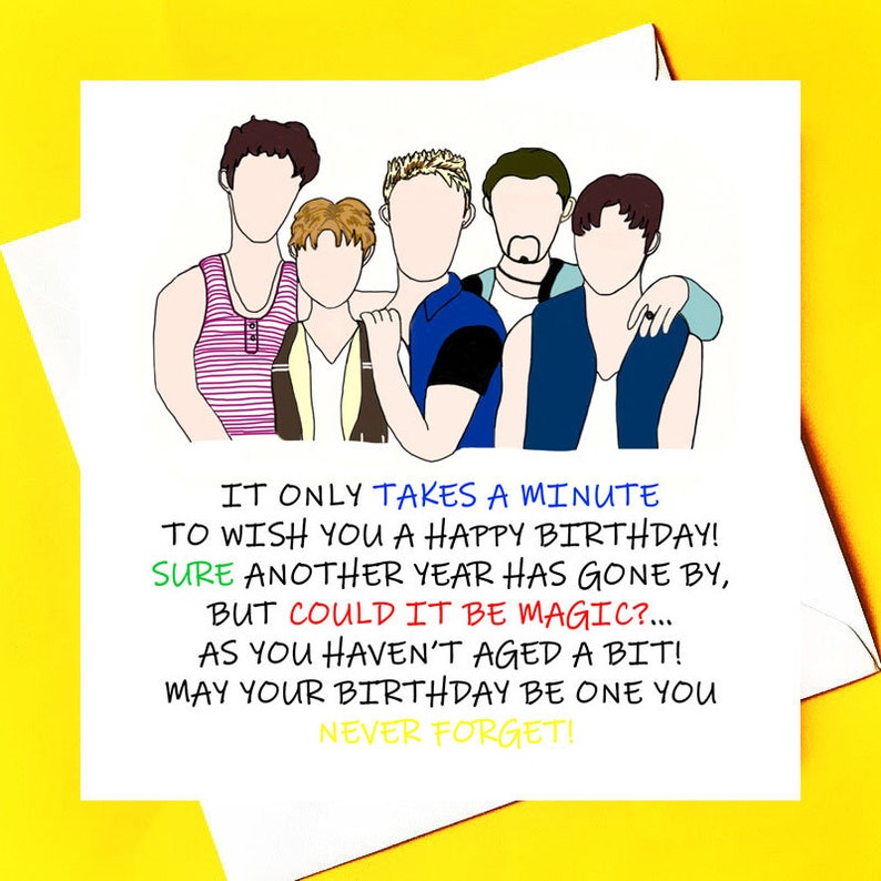 May include: A birthday card with a yellow background. The card features a cartoon illustration of five people and text that reads "IT ONLY TAKES A MINUTE TO WISH YOU A HAPPY BIRTHDAY!" and other birthday wishes.