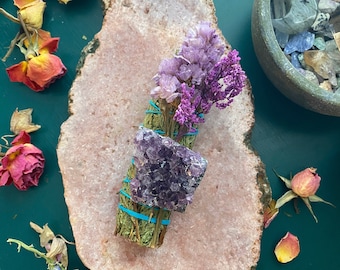 Cedar Smudge Bundle with Amethyst Crystal and Dried Flowers - Self Care Enthusiast Gift for Her